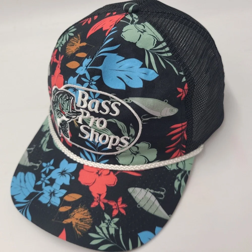 Bass Pro Shops Hat Snapback Trucker Mesh Black Floral Rope Tropical Fish Outdoor